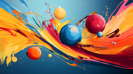 Aufkleber - Abstract background with colorful paint strokes and spheres, dynamic shapes and lines in a red, blue, yellow and orange palette
