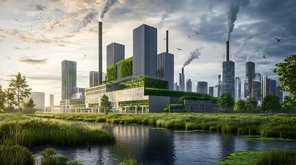Aufkleber - Modern eco-friendly factory with green manufacturing practices, emphasizing sustainable development and continuous improvement strategies