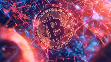 Poster - Bitcoin Cryptocurrency Coin with Abstract Red and Blue Network
