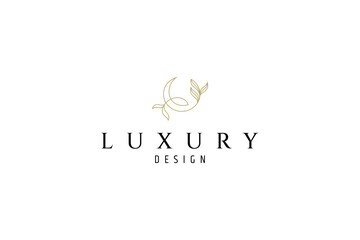 Wall Mural - crescent moon logo with natural plant combination in gold luxury line art design style