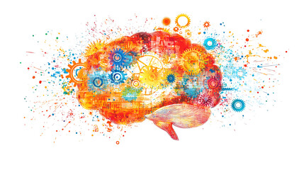 Leinwandbilder - Abstract illustration of an AI brain with colorful splashes and gears on a white background design for a digital marketing or tech concept banner