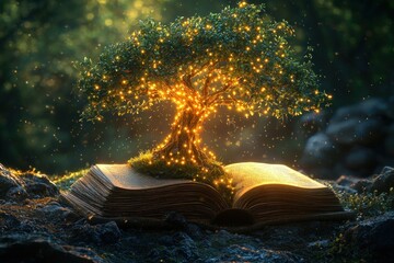 Poster - A Luminous Tree Grows from an Open Book in a Forest