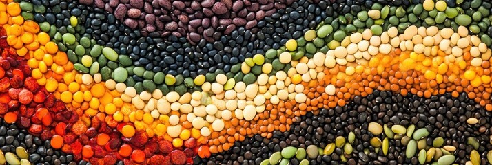 Aufkleber - An array of vibrant beans, lentils, and seeds forms an intricate abstract design, celebrating color and organic shapes in a captivating layout. Generative AI
