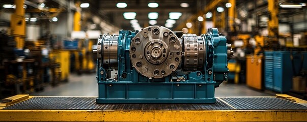 Poster - Close-up of a Blue Industrial Gearbox in a Factory Setting