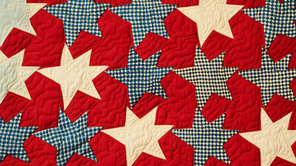 Poster - Red, white and blue houndstooth quilt with star pattern on red background