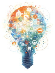 Poster - Artistic drawing of a colorful light bulb with various business icons emerging from it, against a white background