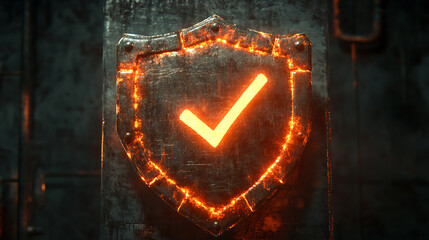 Aufkleber - Rust programming language concept illustrated by a rusty shield with a digital glowing checkmark, symbolizing security and reliability in software development