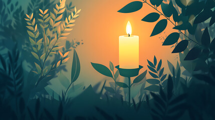 Poster - Serene guided meditation concept featuring a stylized illustration of a glowing candle and lush plant elements, evoking tranquility and mindfulness