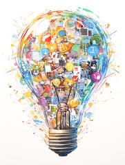 Poster - Artistic drawing of a colorful light bulb with various business icons emerging from it, against a white background