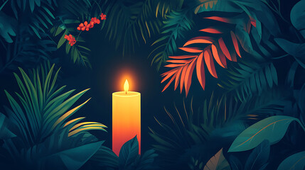 Poster - Serene guided meditation concept featuring a stylized illustration of a glowing candle and lush plant elements, evoking tranquility and mindfulness
