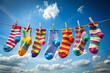 © Arnada - Brightly Colored Socks Drying on a Clothesline Under a Clear Blue Sky Celebrating National Sock Day, Evoking Fun and Vibrancy in Fashion Photography