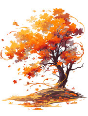Poster - Autumn background with an autumn tree and leaves swirling in the wind, design on a white background Autumn background with an autumn tree and falling leaves in a swirling shape
