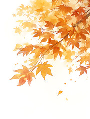 Poster - Autumn leaves in the air, white background, copy space concept, wide banner with autumn tree branch with yellow and orange leaves, banner design