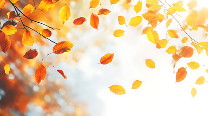 Poster - Autumn leaves in the air, white background, copy space concept, wide banner with autumn tree branch with yellow and orange leaves, banner design