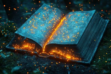 Poster - An Open Book with Glowing Sparks in a Forest Setting