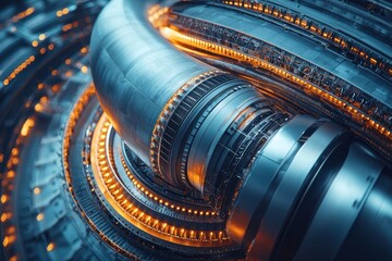 Poster - Close-up of a large, industrial, metallic machine with circular details and orange lights