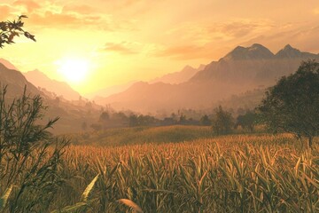 Poster - Mountainous Landscape with Golden Sunset and Grassy Field