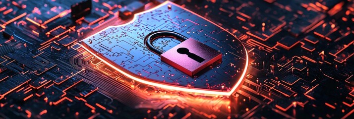 Aufkleber - A glowing shield with a padlock on a circuit board