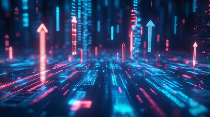 Aufkleber - Blue arrows move up and down on a digital background, with a glowing light effect The concept of business growth or market technology Abstract futuristic tech