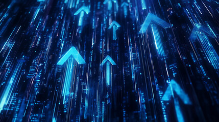 Poster - Blue arrows move up and down on a digital background, with a glowing light effect The concept of business growth or market technology Abstract futuristic tech