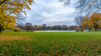 Aufkleber - Beautiful autumn park with green grass and trees, lake in the background Autumn landscape Beautiful blurred background of an autumn forest at sunset