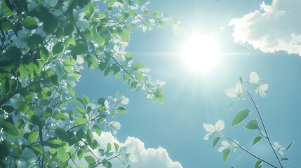 Poster - blue sky, white clouds and green leaves, with sunlight shining through the leaves on the background 