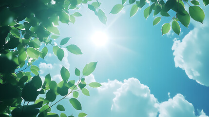 Poster - Blue sky, white clouds and green leaves, with sunlight shining through the leaves on the background The sun shines brightly in front of it, creating a bright scene