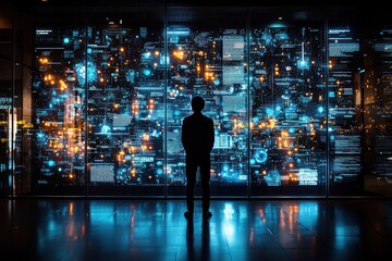 Fototapete - Silhouetted Figure Viewing a Digital Interface with Blue and Orange Lights