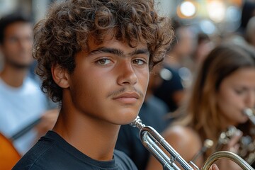Poster - A Young Man with Curly Hair Gazing Intently While Holding a Trumpet