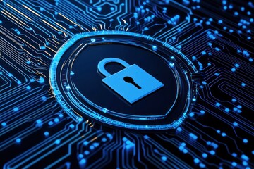 Aufkleber - Blue Padlock Icon in a Circular Glowing Frame on a Circuit Board