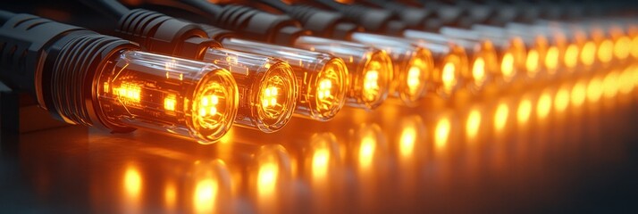 Poster - Row of Glowing Orange Light Bulbs with Metal Casing