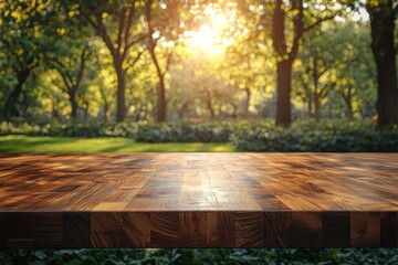 Aufkleber - Wooden Tabletop with Defocused Sunlit Forest Background