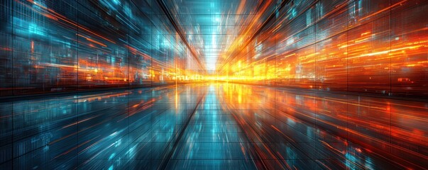 Poster - Abstract Futuristic Cityscape with Glowing Lines and Reflections