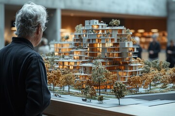 Poster - A Man Looking at a Detailed Model of a Modern Building Complex