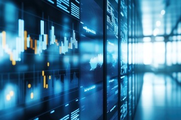 Leinwandbilder - Blue and Yellow Digital Data Screens with Graphs in an Office Setting
