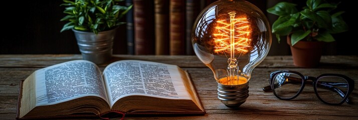 Aufkleber - An Illuminated Book with a Glowing Light Bulb and Eyeglasses