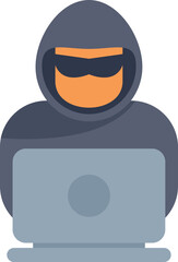 Poster - hacker wearing a hoodie and dark glasses is using a laptop computer