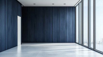 Leinwandbilder - Modern minimalist style, the conference room wall has dark blue wood grain walls and white floors, with large glass windows on the right side of the picture
