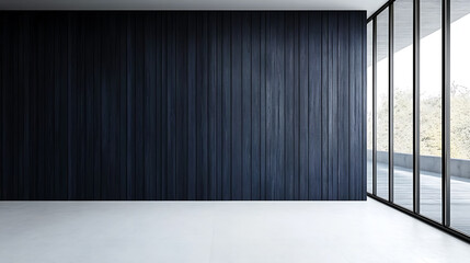 Poster - Modern minimalist style, the conference room wall has dark blue wood grain walls and white floors, with large glass windows on the right side of the picture