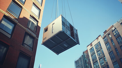 Poster - Modular living container being installed in urban apartment building