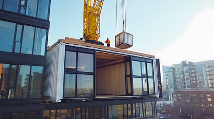 Poster - Modular living container being installed in urban apartment building