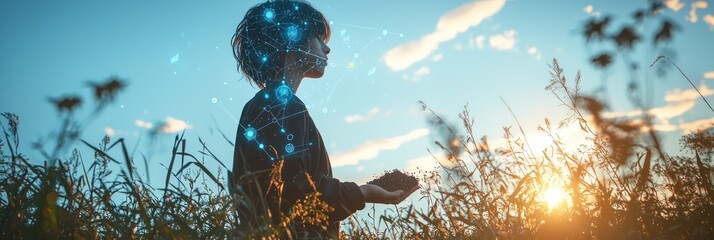Poster - A Person Holding Soil with a Digital Network Overlay in Front of a Sunset