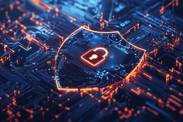 Aufkleber - Glowing Lock Icon on a Circuit Board Representing Digital Security