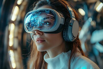 Aufkleber - A Woman Wearing a VR Headset with Headphones