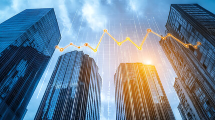 Aufkleber - Skyscrapers with overlaid financial graphs symbolizing real estate market trends against cloudy sky background, market analysis concept