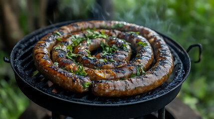 Poster - South African Boerewors sizzling on a grill, sausages, food, barbecue, cooking, grilling, South African cuisine, meat, traditional