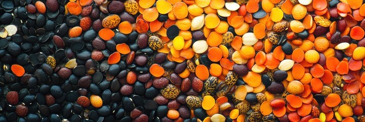 Aufkleber - Colorful beans, lentils, and seeds form a striking abstract pattern, showcasing their diverse shapes and hues in an artistic display. Generative AI