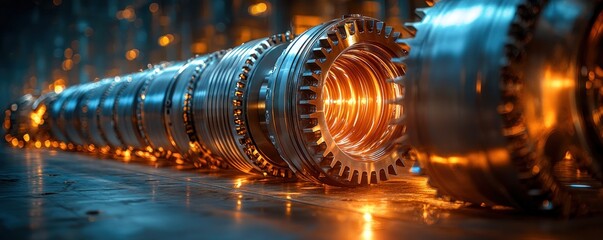 Poster - Close-up of a Shiny Metal Gear Assembly with Orange Glowing Interior