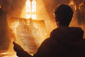 Poster - Person Holding a Translucent Map with a Golden Pattern
