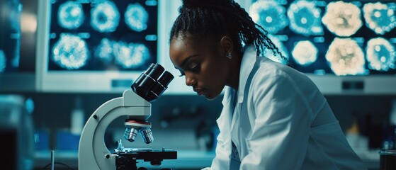 Aufkleber - Black Female Scientist Examining Sample Under Microscope